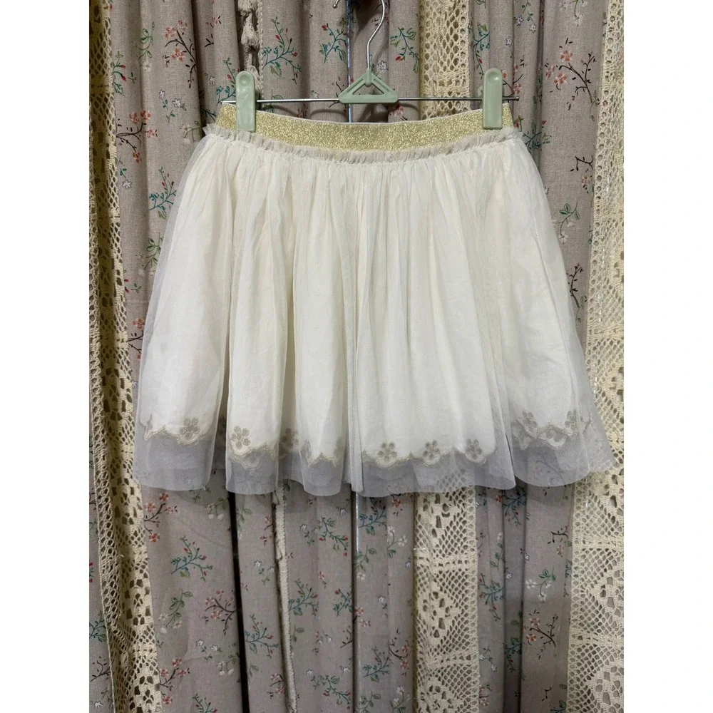 Mini Boden Ivory Tulle Embroidered Skirt Gold Waist Girls 9 10Y